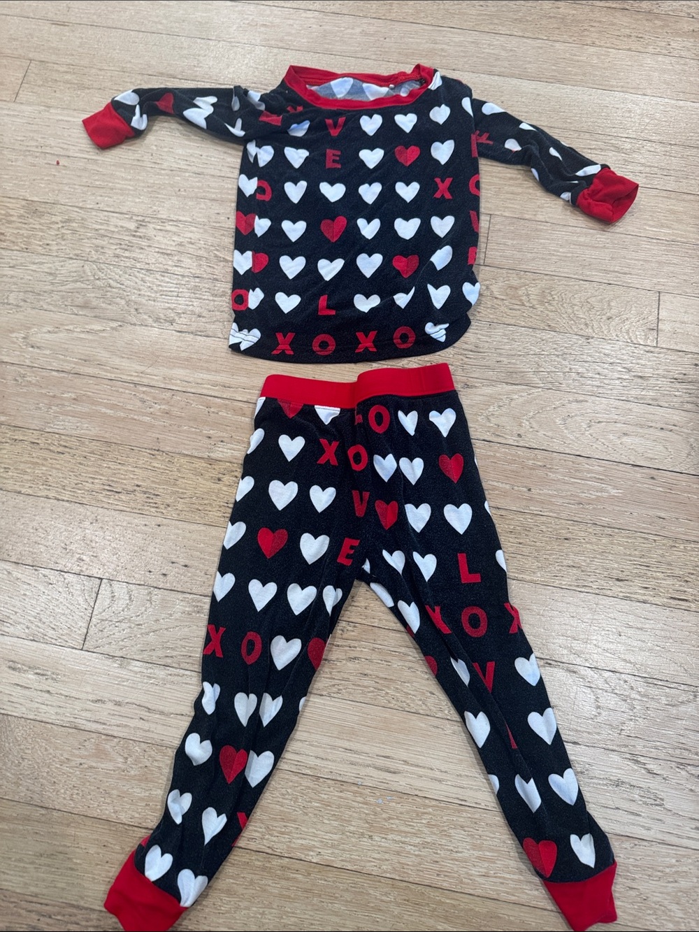 Little Sleepies Black Pajama Set with White & Red Hearts and XOXO